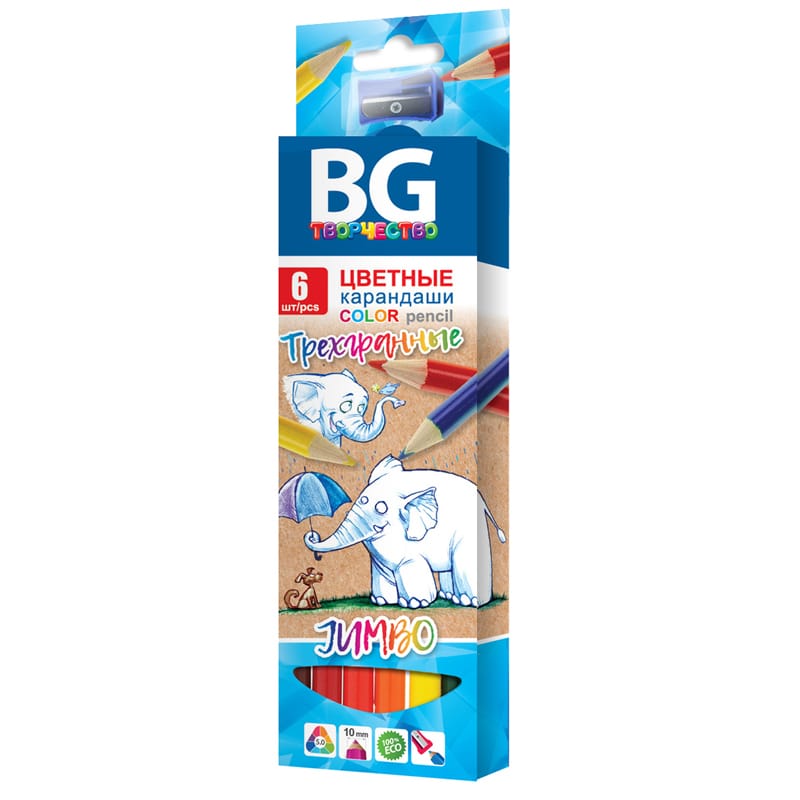 Карандаши цветные BG "Jumbo", 06цв., трехгран., толстые, 5,0мм, европодвес KR6C_t 4643