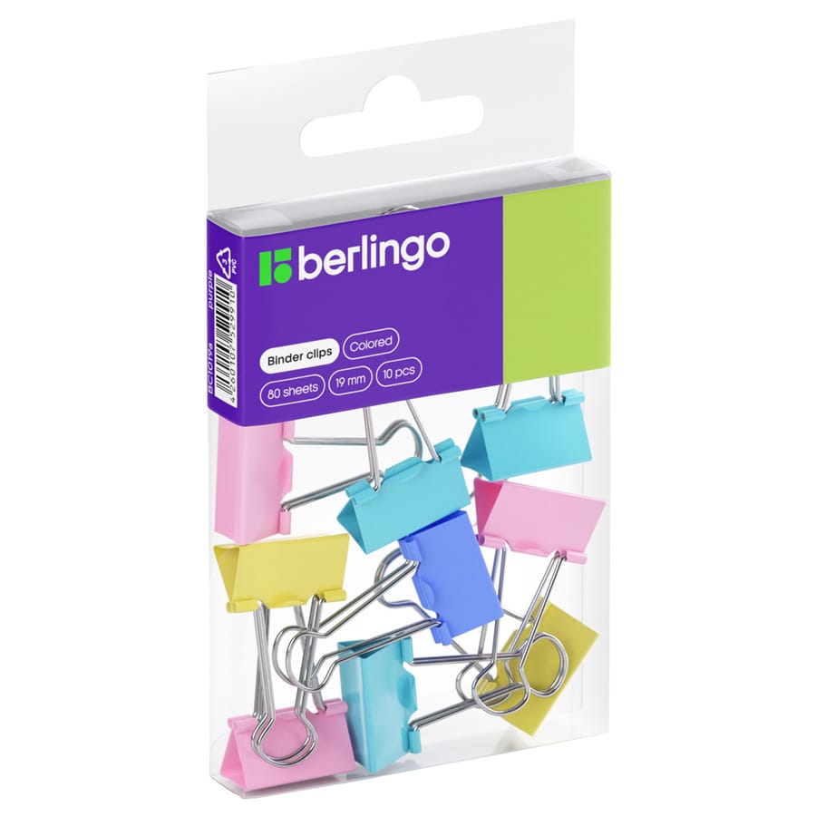 Зажимы для бумаг 19мм, Berlingo, 10шт., цветные, ПВХ упак., европодвес, ассорти пастель BC1019e