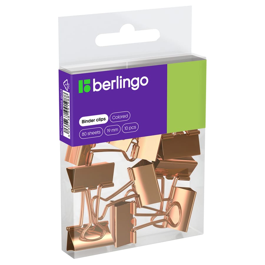 Зажимы для бумаг 19мм, Berlingo, 10шт., цветные, ПВХ упак., европодвес, розовое золото BC1019h