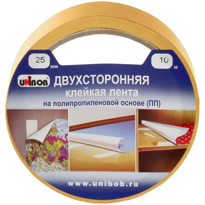Клейкая лента двусторонняя Unibob, 25мм*10м, полипропилен, инд. упаковка 38915