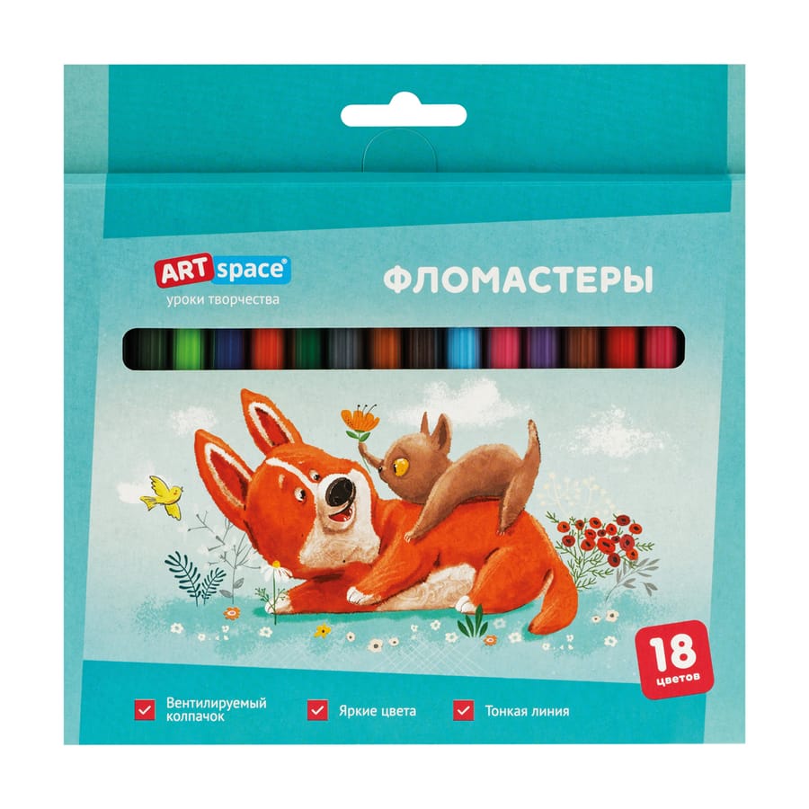 Фломастеры ArtSpace "Рисунки. Lovely animals", 18цв., смываемые, картон, европодвес WP_71702